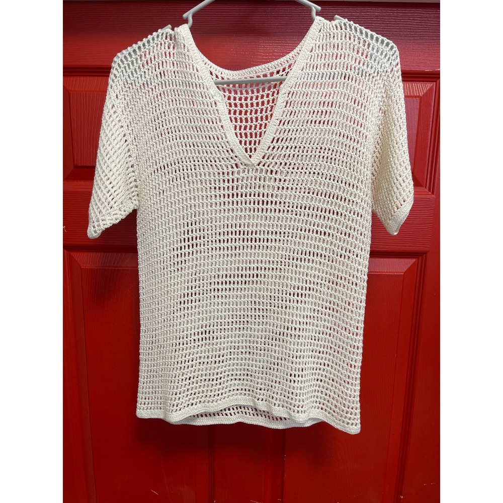 Vintage Cream Crochet Knit V-Neck Top Short Sleeve Boho Mesh Beach Cover Up